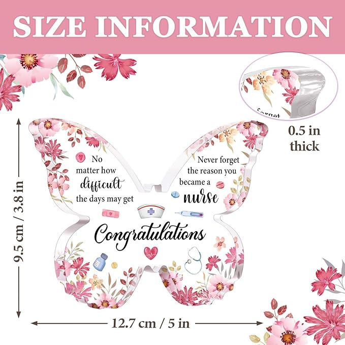 Nurse Graduation Gift for Women, Nurse Week Appreciation Gifts - Pink Butterfly Acrylic Plaque 5x3.8 IN - Graduation Gifts for Nursing Student, Nursing School Gifts, RN Gifts for Nurses