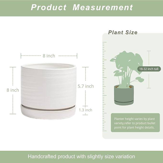 HERDUK 8 Inch Pots for Plants, Ceramic Planter Pot with Drainage Hole & Saucer, Indoor/Outdoor Cylinder Round Planter Pot, Matte White