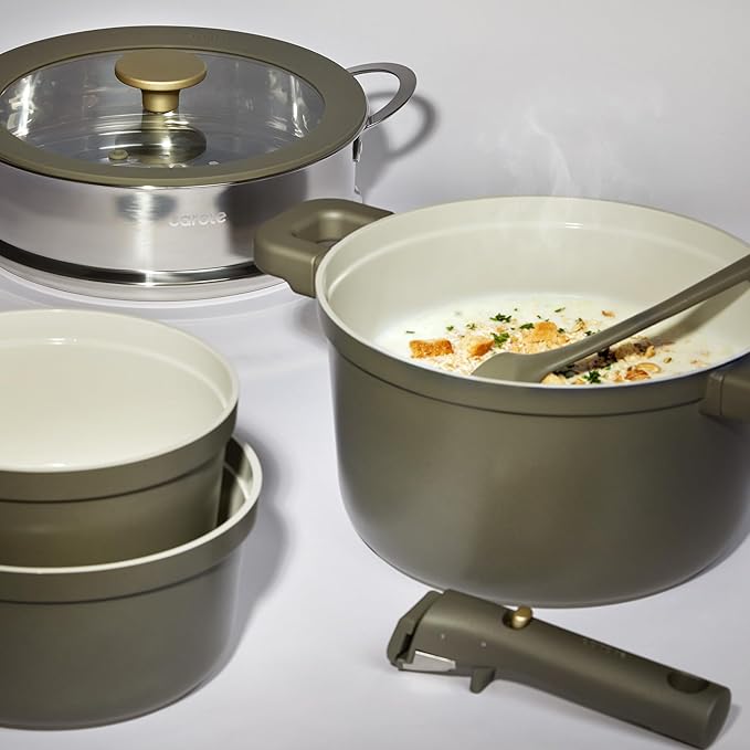 CAROTE Ceramic Saucepan Set 5.5QT/3QT/2QT，Nonstick Cooking Pots Set with Detachable Handles，Non-toxic Stock Pots with Lid，Induction Comptable，PFAS and PFOA Free，Olive Green
