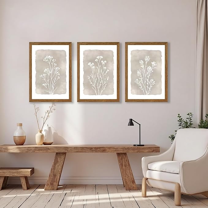 JLTULT 3 Piece Boho Beige Floral Wall Art, Minimalist Line Botanical Flower Wall Decor, Vintage Rustic Wildflower Art Prints for Living Room Bedroom Office Farmhouse Decoration 16x24 in Ready to Hang