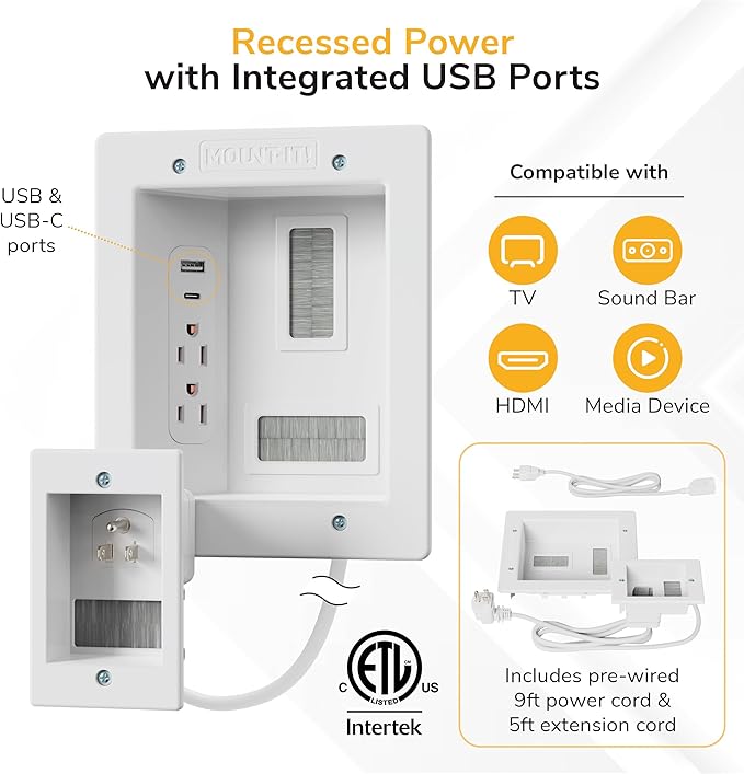 Mount-It! in-Wall TV Cable Management Kit – Dual Power Outlet with Dual USB Ports, Male Wall Plug and 5ft External & 9ft Behind The Wall Cords, Hand Saw – Safe Cable Management for TV
