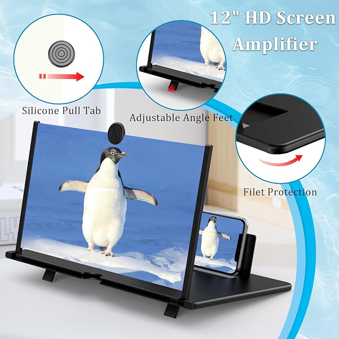 12 inch Screen Magnifier for Smartphone,3D HD Screen Expanders for Movies, Videos, and Gaming, Screen Magnifier with Adjustable Angle Design Amplifier Desktop Magnifying, Gift for Mom Dad Men Friends