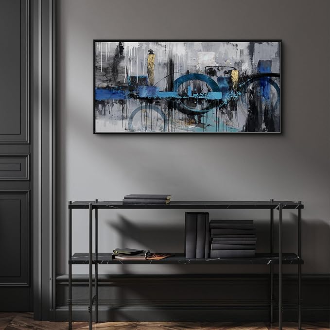 KLAKLA Abstract Wall Art - Blue and Gray Pictures Canvas Artwork for Living Room Bedroom Horizontal Black Framed Above Bed Wall Decor - 20x40