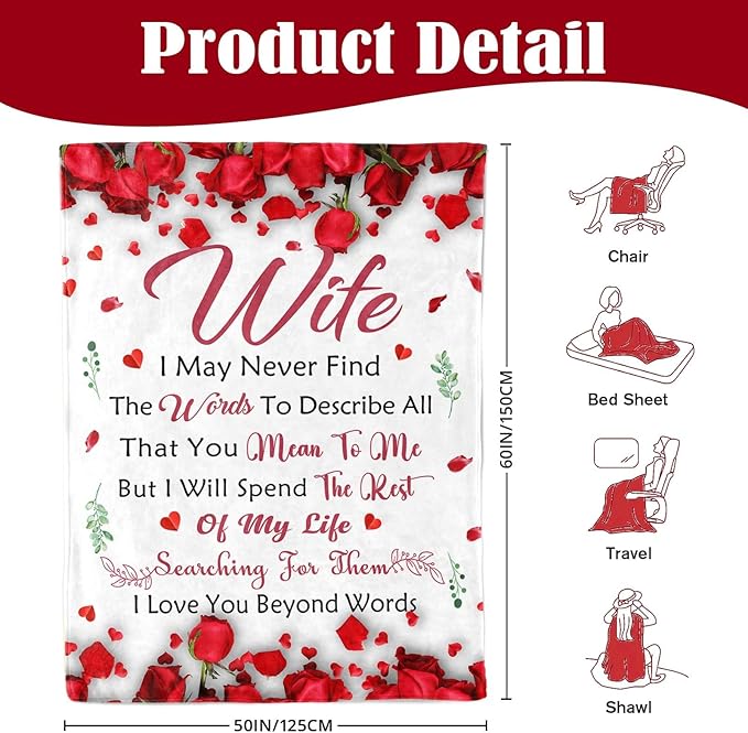 Mothers Day Blanket Gifts for Wife from Husband - Anniversary Wedding Gift for Women - Wives Birthday Gift Ideas - Romantic I Love You Present for Her - to My Wife's Blanket 50"x60"