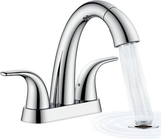 Ultimate Unicorn Chrome Bathroom Sink Faucet - 4 Inch Centerset Pull Down Vanity Faucets 3 Hole with Pop Up Drain - Two Handle Modern Washbasin Tap Set with Pull Out Sprayer for Rv Lavatory Restroom