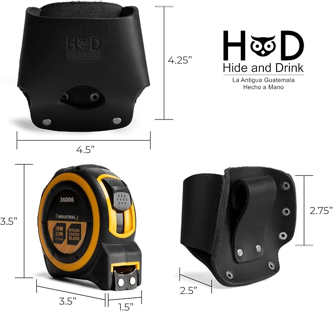 Hide & Drink, Large Tape Measure Holder, Tool Holster w/Easy Belt Loop for Handymen, Carpenters, Electricians, Durable Hammer Pouch, Full Grain Leather, Handmade