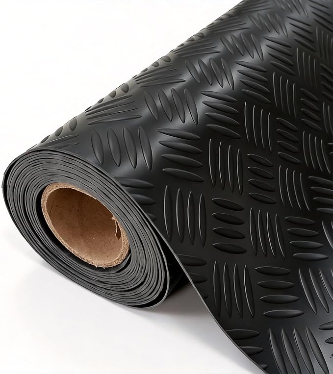 StellarStar 4x10 FT Garage Floor Mat, 2mm Thickened Ribbed PVC Diamond Plate Garage Mat with 20PCS Tapes, Rubber Flooring Rolls for Under Car, Rubber Motorcycle Mat for Golf Cart, Trailer, Black