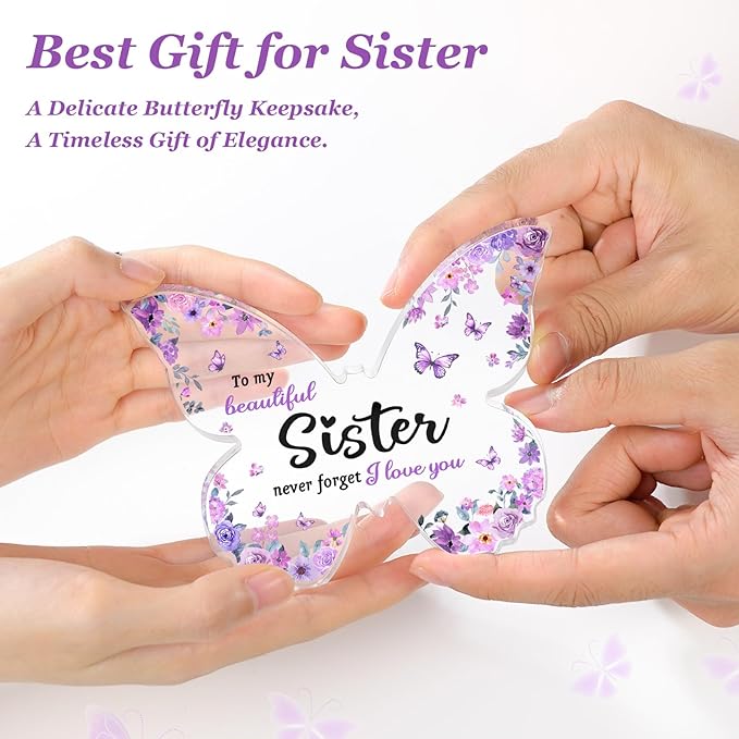 Gifts for Sister, Sister Birthday Gifts, Unique Purple Butterfly Acrylic Plaque Desk Decor, Mothers Day Valentines Christmas Rakhi Gift for Sisters Adult Graduation - 5 x 3.8 x 0.5 inches