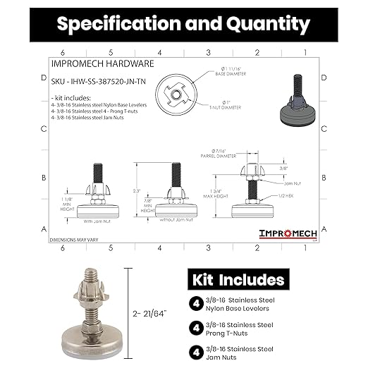 Stainless Steel Outdoor Leveler Kit- (4) 3/8-16 Leg Levelers for Cabinets, Patio Furniture, and Table Legs - Adjustable Height Leveling Feet with Jam Nuts to Stabilize Feet (Kit with 4 Prong T-Nuts)