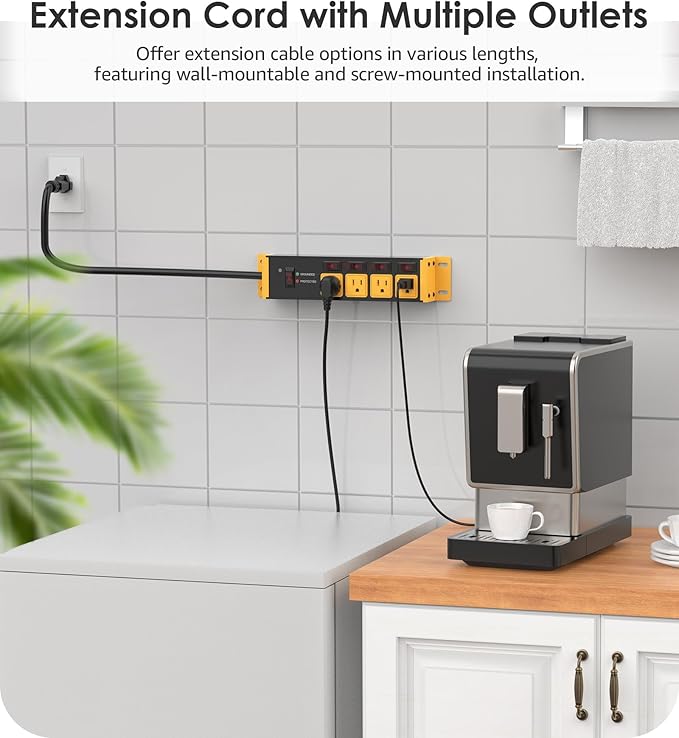 CCCEI Heavy Duty Surge Protector Power Strip 20 Amp Individual Switches. 20FT 12 Gauge Extension Cord with Multiple Outlets. Kitchen, Garage, Shop, Industrial Wall Mount Electric Extender, Yellow.