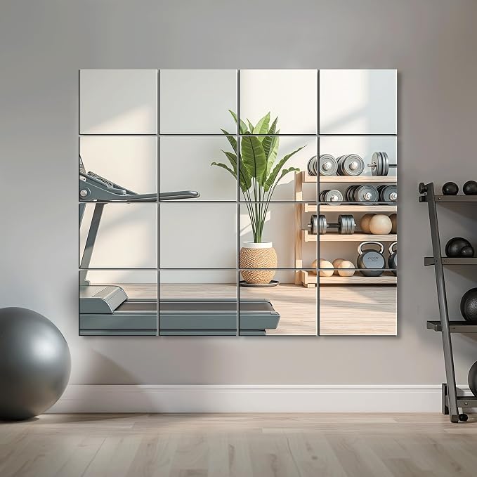 Delma Frameless Mirror Tiles 12"x10"x16 Pcs Wall Mounted | Shatter Resistant, Full Length, Tempered Glass Panels, For Home Gym Bathroom Bedroom & Living Room Decor
