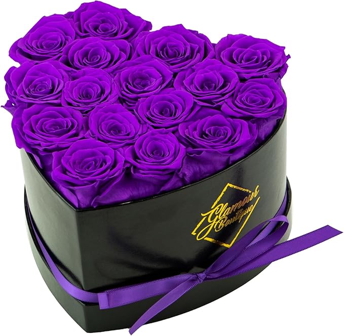 GLAMOUR BOUTIQUE 16 Flower Forever Heart Shape Box, Eternal Preserved Roses Gift for Her, Lasting Flowers, Romantic Floral Keepsake for Birthday, Anniversary or Valentine’s Day, Purple (Color-Treated)