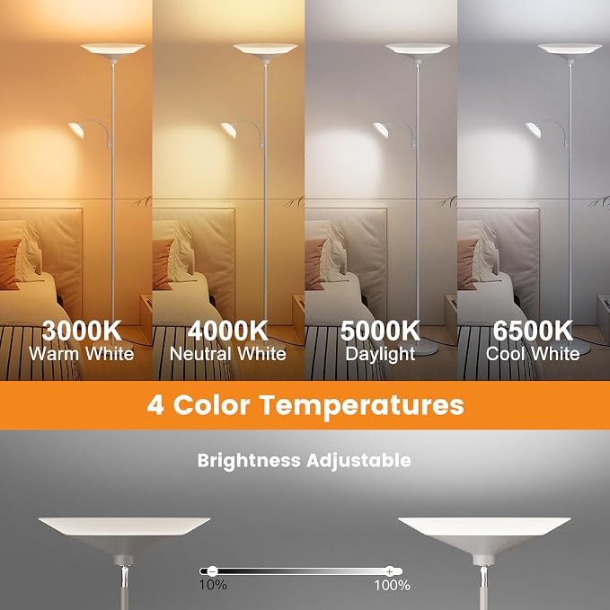 SIBRILLE Sliver Gray Torchiere Floor Lamp with Reading Light, 4 Color Temperatures, Dimmable & Individual Light Control Standing Lamp, 34W Bright Tall Lamp with Remote for Living Room Bedroom Office