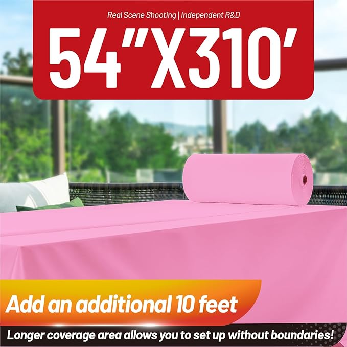Plastic Table Cloth, 310 Ft X 54 in Plastic Table Cloth Disposable Pink Tablecloth with Any Cut Sliding Cutters Premium PEVA Disposable Tablecloth for Picnics, Parties, Birthdays, Festivals