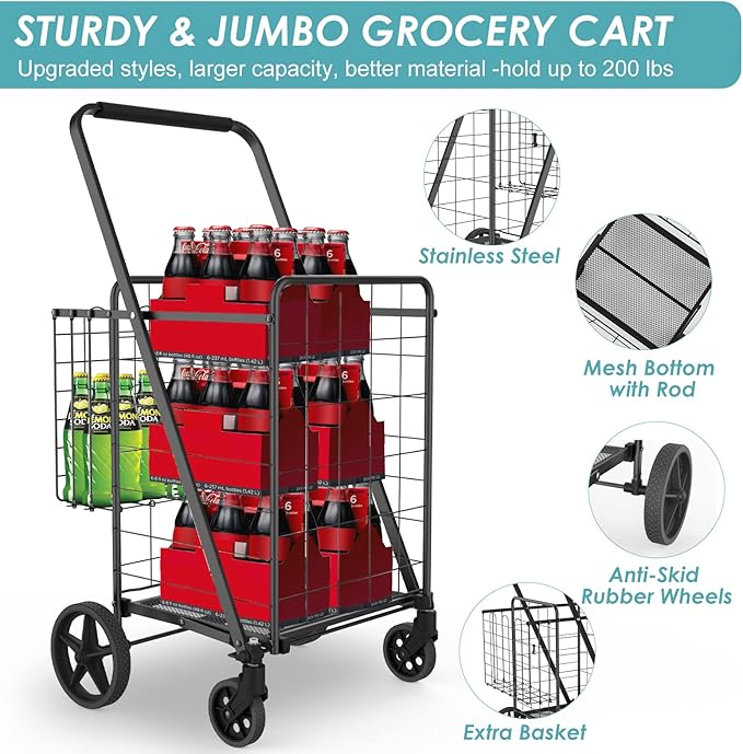 Upgraded Shopping Cart for Groceries,330LBS Jumbo Grocery Cart with Waterproof Liner, 360° Rolling Swivel Wheels and Double Basket, Heavy Duty Folding Shopping Carts for Laundry Transport