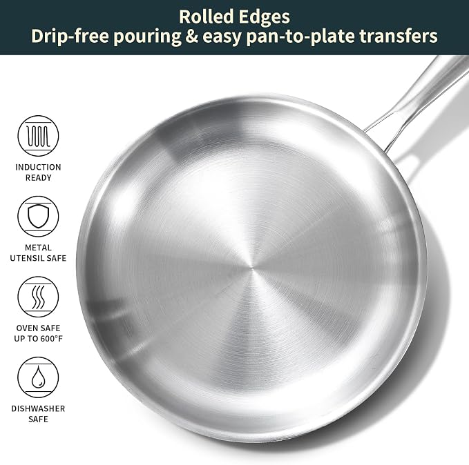 DELARLO Tri-ply Stainless Steel Frying Pan Set with Lid 8" 10" 12" | Induction Large Skillets Chef's Pan, Pots and Pans Set, Suitable for All Stove Kitchen Cookware Set