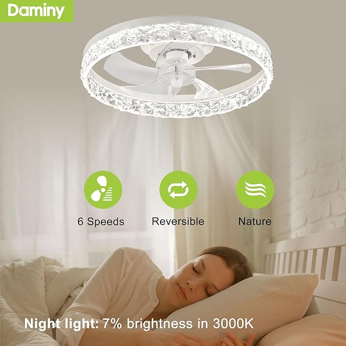 DAMINY Ceiling Fans with Lights and Remote, 6CCT,Dimmable Low Profile Ceiling Fan with Light, Flush Mount Bladeless Ceiling Fan,6 Speeds,20 inch White Modern