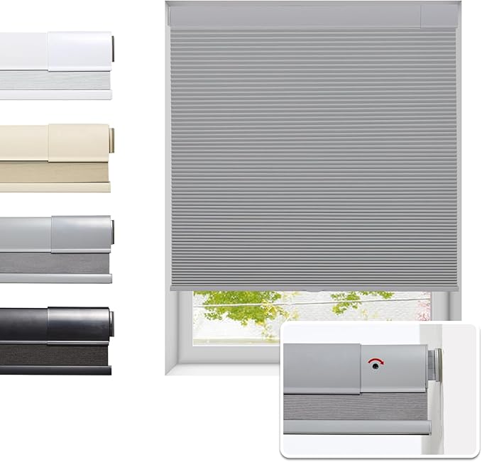 Tonature No Drill Cellular Shades for Indoor Windows, Thermal Insulating & Noise Reducing Honeycomb Blinds, Free Stop Cordless Blackout Shades, Grey,33 1/2" W x 80" H