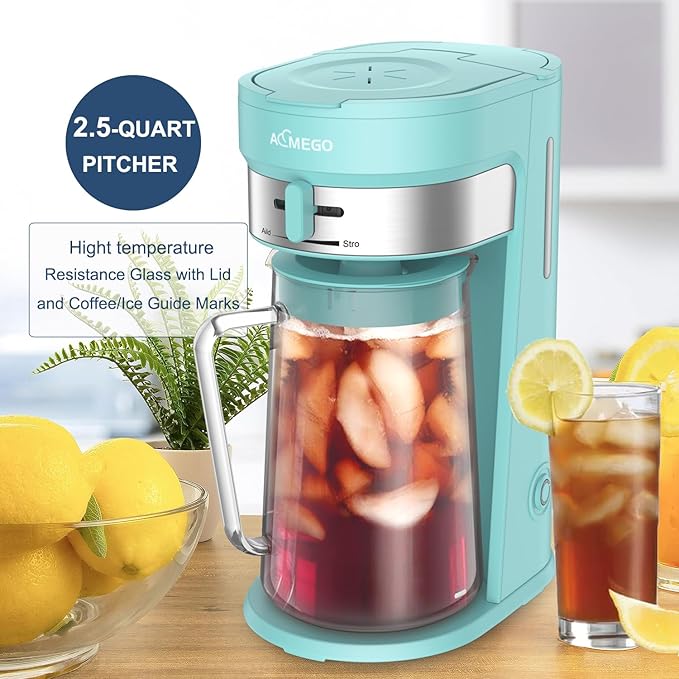 AEMEGO Iced Tea Maker, Brewing System with 2.5-quart Glass Pitcher, sliding strength selector, Stainless Steel Decoration, Reusable Filter (Green)