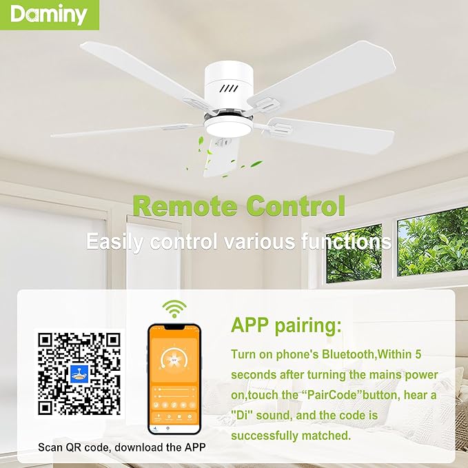 DAMINY 52 inch 5 Blades White Ceiling Fans with Lights,Flush Mount,6CCT, Low Profile Ceiling Fan with Light and Remote Control,DC Motor,Ceiling Fan for Bedroom, Kitchen,Living Room,Indoor/Outdoor Use