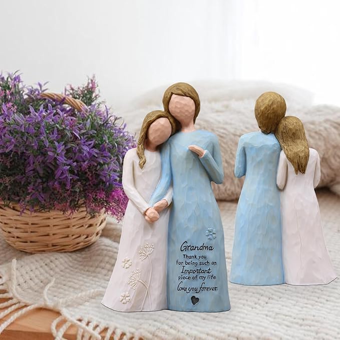 Grandma Birthday Gifts from Granddaughter, Great Grandma Gifts for Birthday Christmas Mothers Day, Grandmother Granddaughter Embrace Hand-Painted Resin Figurine(Blue)