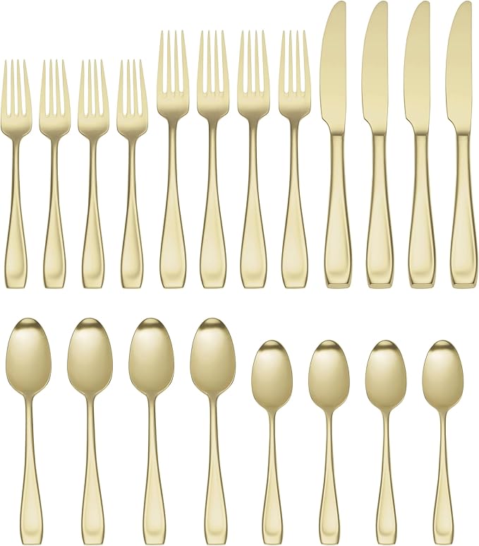 Oneida Silverware Set, Moda Satin Champagne 20 Piece Fine Flatware Set, Service For 4, 18/10 Stainless Steel, Dishwasher Safe, Cutlery Sets, Utensils Sets, Knives Spoons And Forks (Gold, 20 Pieces)