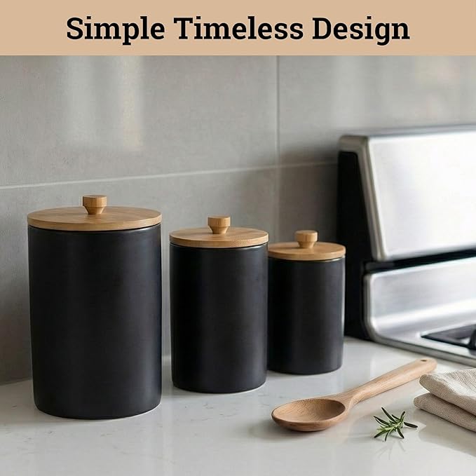 Ceramic Kitchen Canisters for Countertop Set of 3 with Airtight Bamboo Lids - Black Kitchen Canisters with Airtight Lids - Flour Sugar Canister Set - Flour and Sugar Containers Farmhouse - Coffee Jar