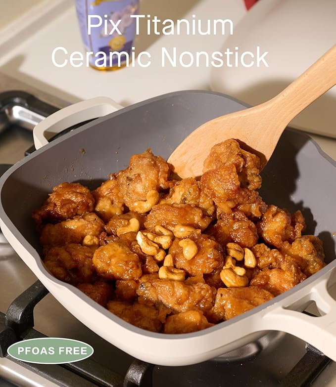 USELUCK 10.5 Inch(3.8QT) Ceramic Pan with Lid,Non Stick Frying Pans Cast Aluminum Deep Sauté Pans,Ti-Ceramic Non Toxic Pix Pan with Wooden Spatula and Scrubber-Morning Mist