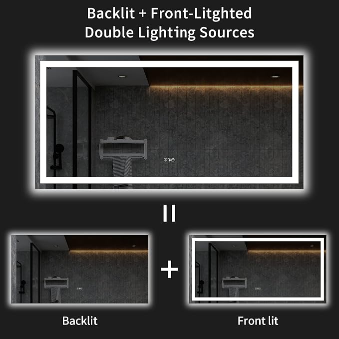 LOAAO 72"X36" LED Bathroom Mirror with Lights, Anti-Fog, Dimmable, Backlit + Front Lit, Lighted Bathroom Vanity Mirror for Wall, Memory Function, Tempered Glass, ETL Listed