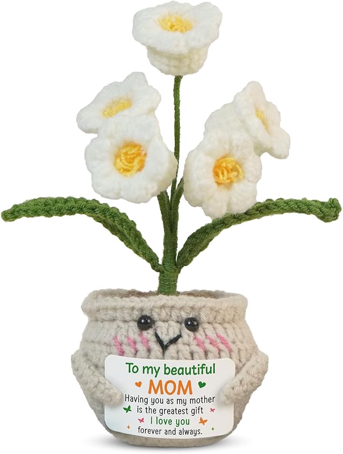OASSIE Gifts for Mom from Daughter Son - Positive Crochet Lily Flower with Card - I Love You Mothers Day Birthday Gifts for Mother Mama Mother in Law, Emotional Support Crochet