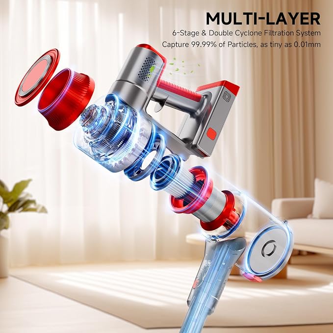 Cordless Vacuum Cleaner, Powerful Stick Vacuum Cleaner for Home with Rechargeable Battery, 6-in-1 Lightweight Handheld Vacuum, 45 Mins Runtime for Hardfloor & Carpets Pet Hair