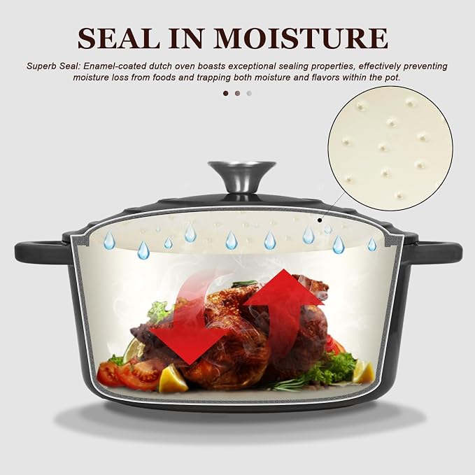Overmont Enameled Cast Iron Dutch Oven - 7QT Pot with Lid Cookbook & Cotton Potholders - Heavy-Duty Cookware for Braising, Stews, Roasting, Bread Baking GraphiteGray
