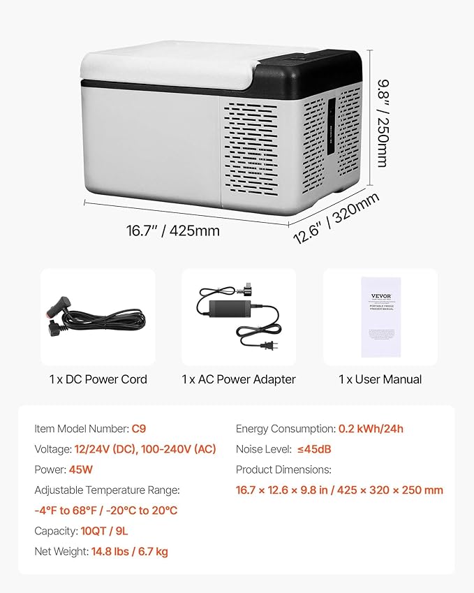 VEVOR 12V Car Refrigerator 10 QT, Portable Mini Freezer with APP Control, -4℉ to 68℉, 12/24V DC & 110-220V AC Compressor Cooler for Travel, Camping, Home, Road Trip