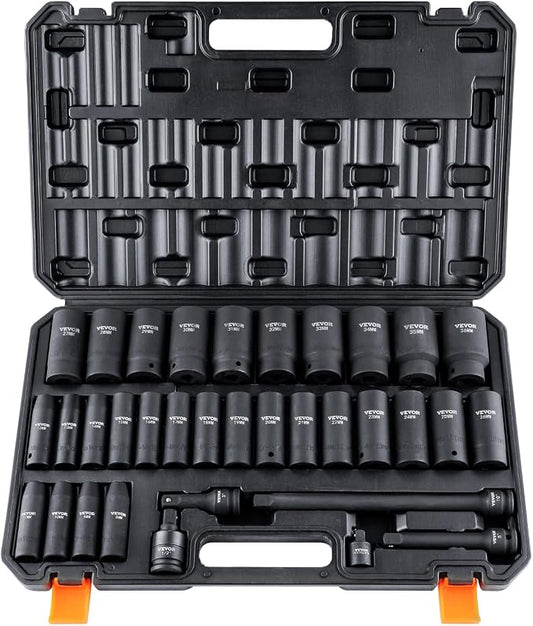 VEVOR 1/2" Drive Impact Socket Set, 34 Piece Socket Set Metric 8-36mm, 6 Point Cr-MO Alloy Steel for Auto Repair, Easy-to-Read Size Markings, Rugged Construction, Includes Storage Case