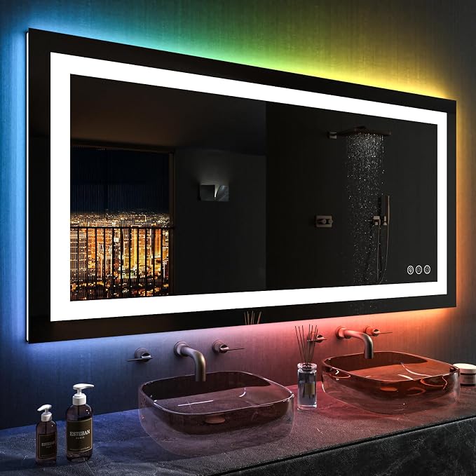 LOAAO 50"X30" LED Bathroom Mirror with Lights, Anti-Fog, Dimmable, RGB Backlit + Front Lighted, Bathroom Vanity Mirror for Wall, Memory Function, Tempered Glass, ETL Listed