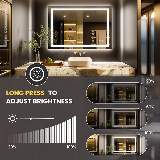 LOAAO 40"X28" LED Bathroom Mirror with Lights, Anti-Fog, Dimmable, Backlit + Front Lit, Lighted Bathroom Vanity Mirror for Wall, Memory Function, Tempered Glass, Safe to Use, ETL Listed
