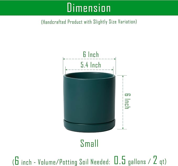 D'vine Dev 6 Inch Ceramic Planter Pot, Teal, 94-O-C-9 | Modern Cylinder Design, Drainage Hole & Saucer Included, Stable Structure, Elegant Home Accent