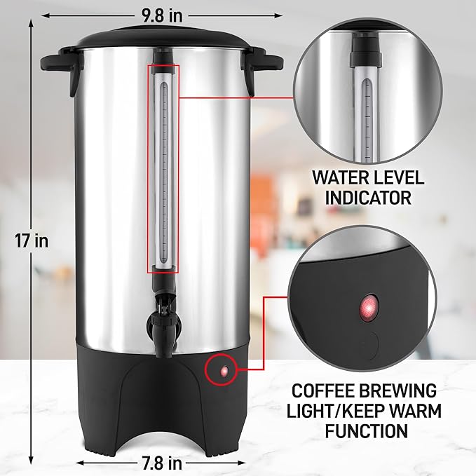 Zulay Commercial 45 Cup Coffee Urn - Stainless Steel Coffee Maker With Twist-Lock Lid & Cool-Touch Handles - Quick Brewing Coffee Maker With Keep Warm Mode For Events & Catering - Silver