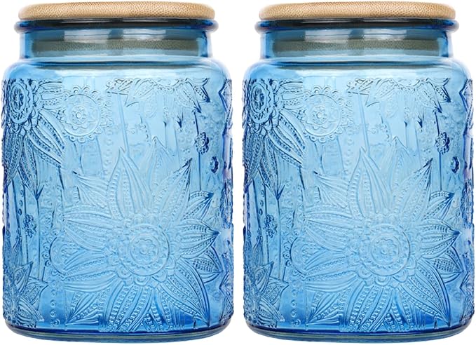 Custde Glass Storage Jars With Airtight Lid, 23.7oz Canister For Kitchen Counter with Bamboo Lid, brown sugar, candy, coffee, cookie, salt, tea,pantry cute Jar (Blue 2-Pack, 23.7 fl oz)