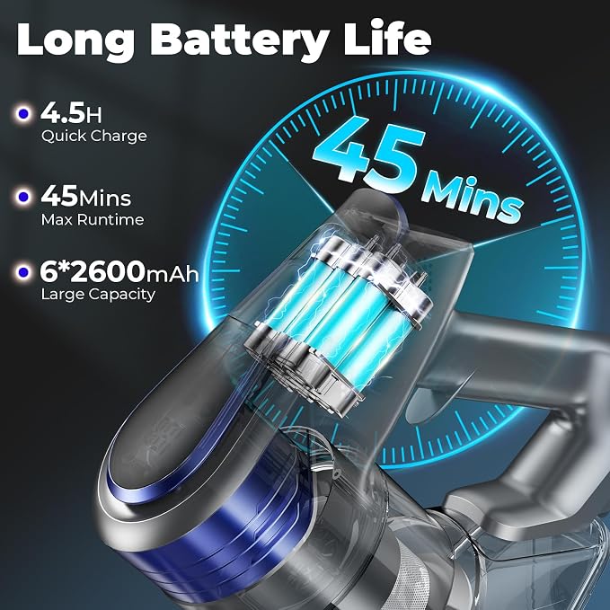 N16 Cordless Vacuum Cleaner, Lightweight Vacuum Cleaners for Home with Powerful Suction, 2600mAh Battery with 45 Mins Runtime, Rechargeable Stick Vacuum Cordless for Hardwood Floor Carpet Pet Hair