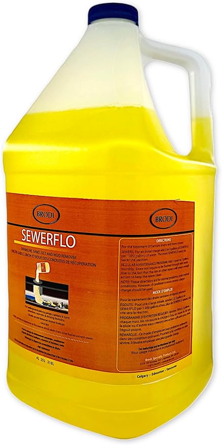 SewerFlo Main Line Sewer Drain Cleaner Heavy Duty, Clears Sand, Silt and Mud from Catch Basins, Breaks Up Clogs & Keeps Particles in Suspension, Safe & Concentrated (1 Galon)