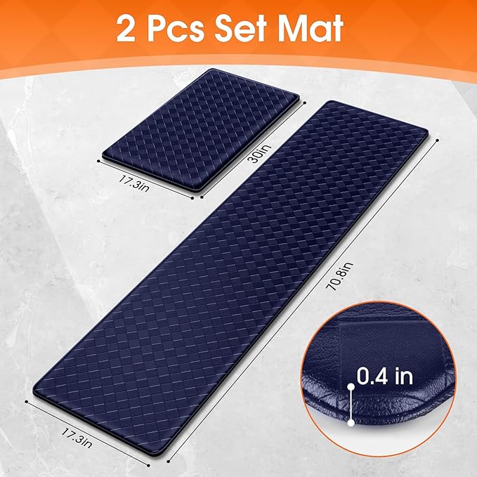TranquilRelax 2-Piece Anti-Fatigue Kitchen Mats, Cushioned Non-Slip Waterproof Sink & Stove Floor Mats, Comfortable Standing Rug Set for Kitchen, Laundry & Entryway, Blue