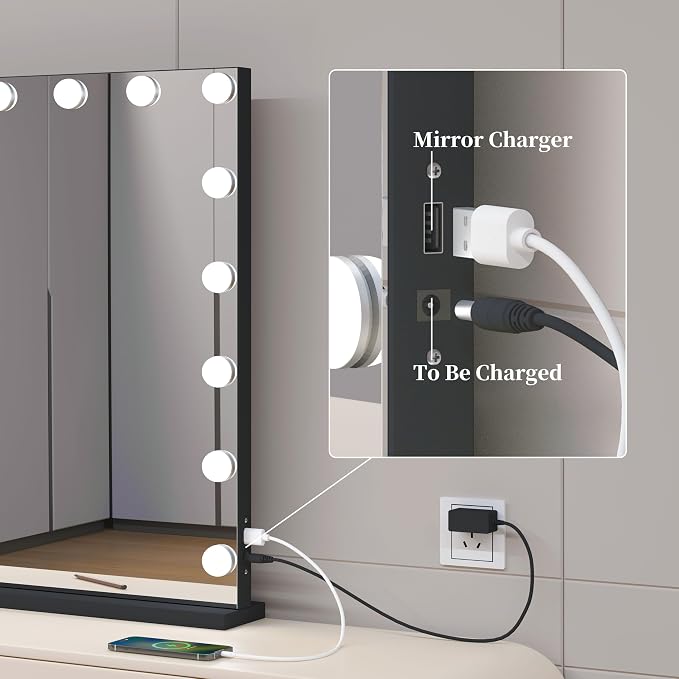 Vanity Mirror with Lights,Makeup Mirror with 17 Dimmable LED Bulbs, 3 Color Lighting Modes Detachable 10X Magnification Mirror Touch Control, 23.6X19,7 inch, Black