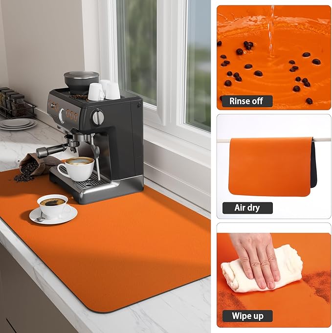Ecotrim Absorbent Coffee Mat , Stain Hiding PU Leather Surface, Non-Slip Natural Rubber Backing, Quick Dry Mat for Espresso Machine, Kitchen Counter ,Orange | 17" x 31.5"