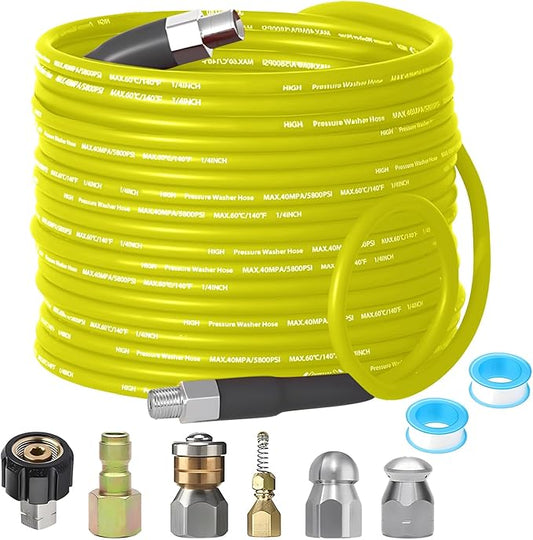 Selkie Pressure Washer Sewer Jetter Kit - 50Ft X1/4" Hydro Drain Jetter Cleaner Hose, Corner, Rotating and Button Nose Sewer Jetting Nozzle Waterproof Tape,Orifice 4.0 4.5,1/4 Inch NPT,5800 PSI