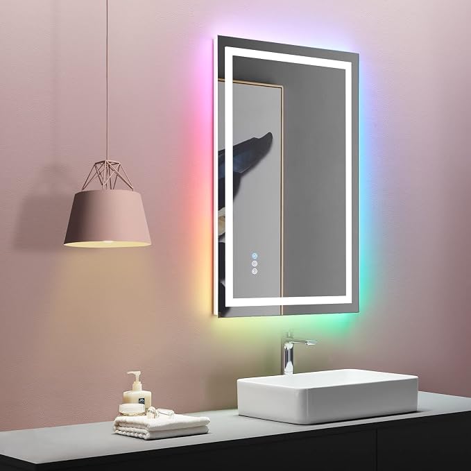LOAAO 28"X36" RGB LED Bathroom Mirror with Lights, Anti-Fog, Dimmable, Lighted Bathroom Vanity Mirror, Multiple Light Modes, RGB Backlit + Front Light, Memory Function, Tempered Glass, ETL Listed