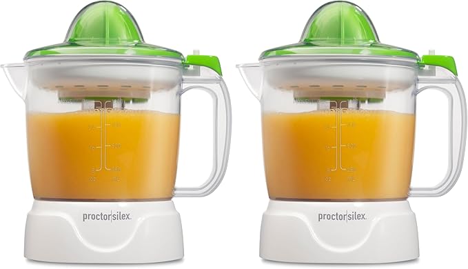 Proctor Silex Electric Citrus Juicer Machine, Large 34 oz. Pitcher, Pressure Activated, 2 Reamers for Big and Small Fruit, Pulp Control, for Orange, Lemon, fruit Juice, White,Green (66340) (Pack of 2)