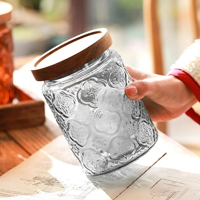 Glass Jar with Lid, Vintage Glass Storage Jars with Airtight Lid Coffee Canister Sugar Container for Kitchen Counter Pantry, Flour, Candy, Tea, Coffee Beans, Oats (Begonia Sunflower Round)