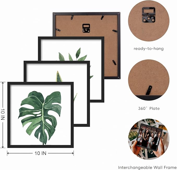 ArtbyHannah Framed Bathroom Wall Art Decor, 10x10 Inch 4 Pack Botanical Gallery Wall Frame Set Modern Farmhouse Sage Green Prints Artwork for Spa, Restroom, Bedroom, Office Decoration (Black)