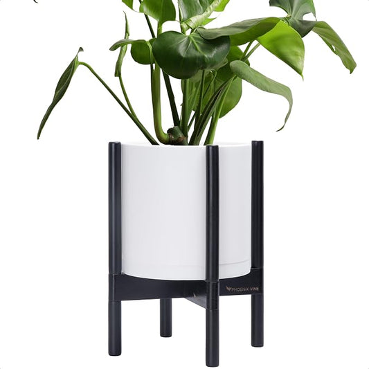 D'vine Dev Plastic Pot with Ebony Wood Stand, White, 10 in, 55-C-N-1 | Mid-Century Inspired Design, Elevated Plant Display, Clean Lines, Sturdy Support, Modern Space-Saving Style